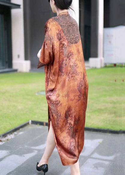 Loose Orange Button Patchwork Thin Silk Long Coats Bracelet Sleeve