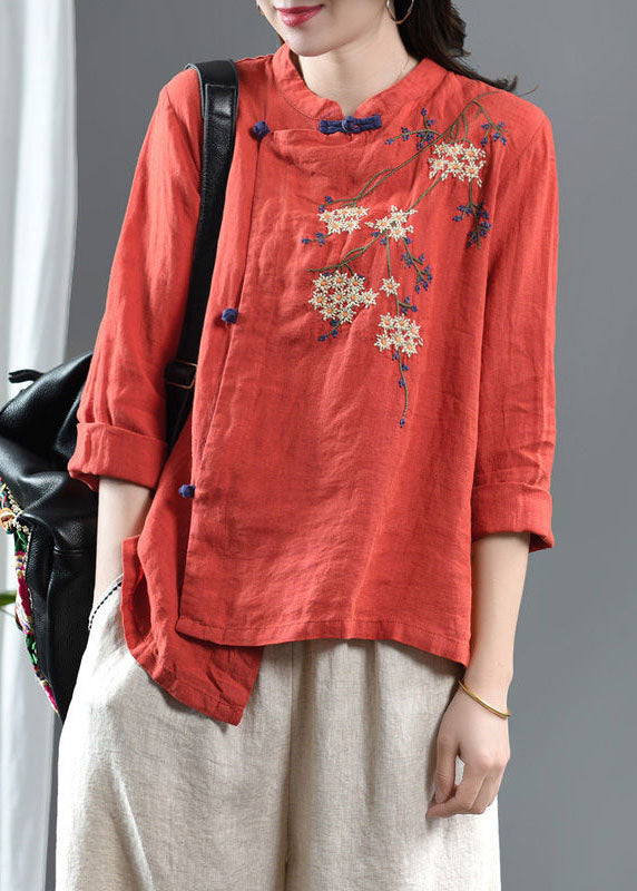 Loose Orange Embroidered Linen Top Half Sleeve