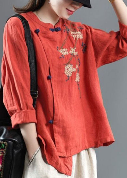 Loose Orange Polka Dots Embroidered Linen Top Half Sleeve