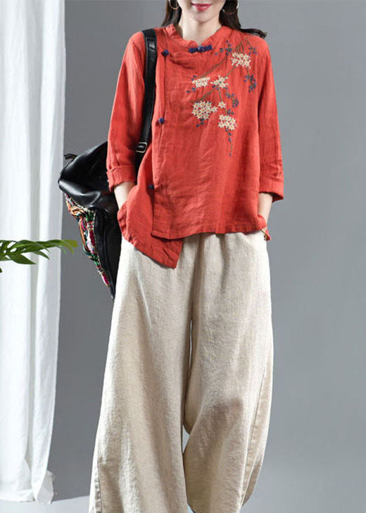 Loose Orange Embroidered Linen Top Half Sleeve