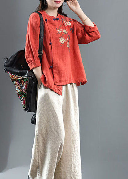 Loose Gray Texture Embroidered Linen Top Half Sleeve