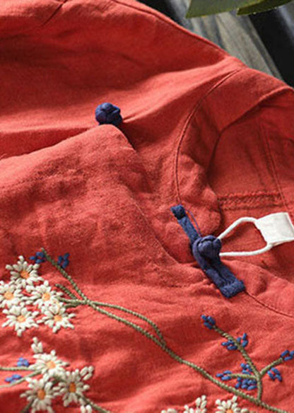 Loose Gray Texture Embroidered Linen Top Half Sleeve