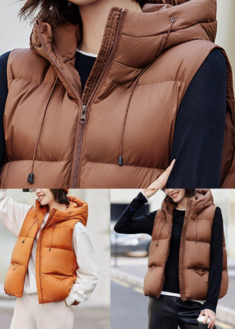 Loose Orange Hooded Zippered Drawstring Duck Down Waistcoat Sleeveless