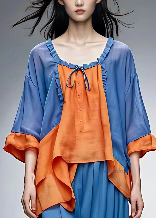 Loose Orange O-neck Ruffled Patchwork Tie Lace Tops Fall