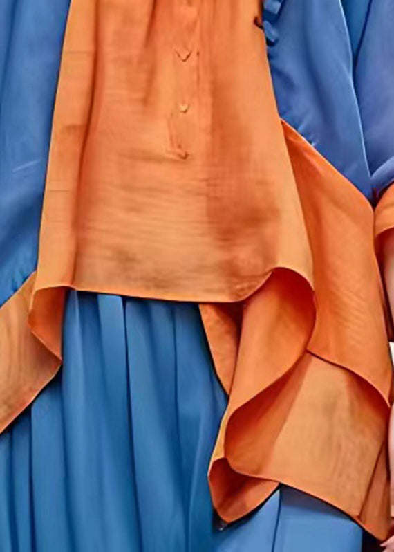 Loose Orange O-neck Ruffled Patchwork Tie Lace Tops Fall
