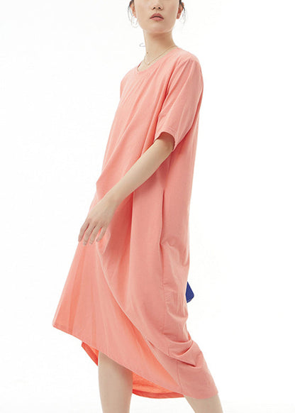 Loose Orange O-neck Cotton Long Dress Summer