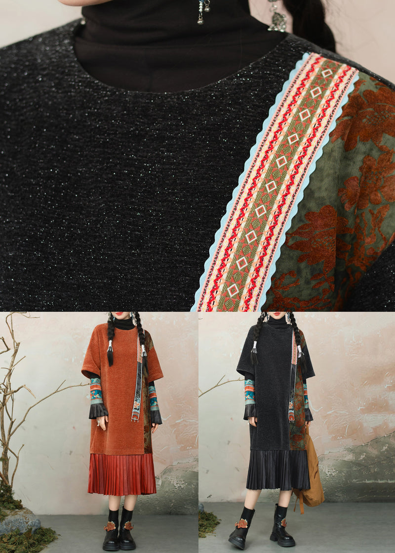 Loose Orange O Neck Wrinkled Patchwork Chenille Dresses Summer