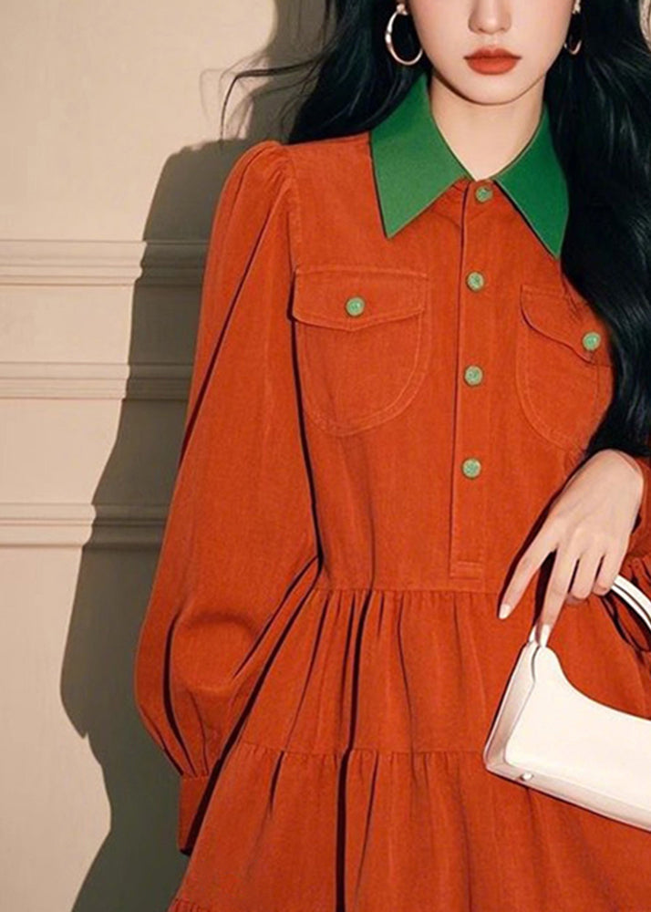 Loose Orange Peter Pan Collar Button Corduroy Shirts Dress Spring