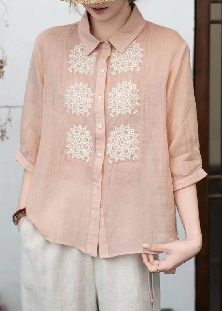Loose Orange Peter Pan Collar Embroidered Linen Tops Summer