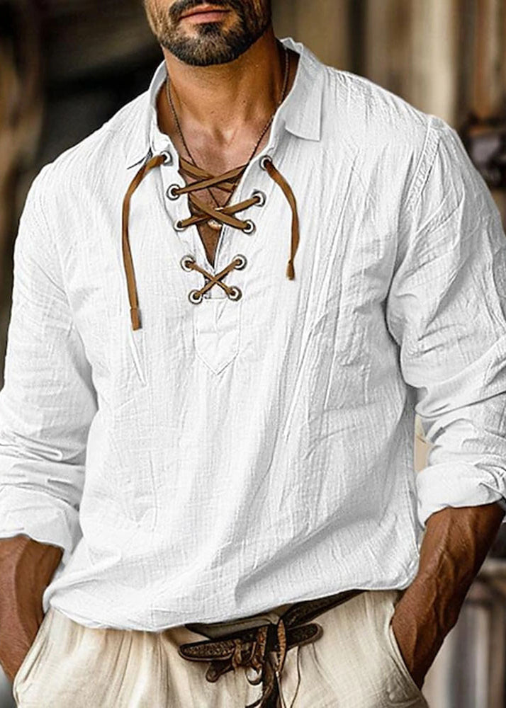 Loose Orange Peter Pan Collar Lace Up Cotton Shirt Men Fall