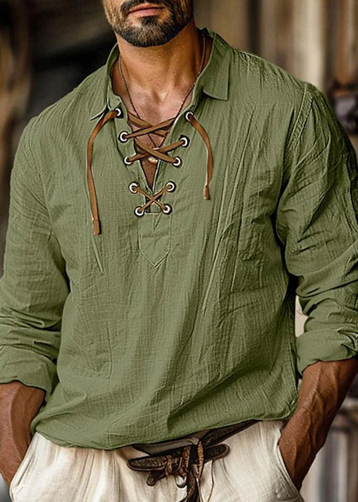 Loose Orange Peter Pan Collar Lace Up Cotton Shirt Men Fall