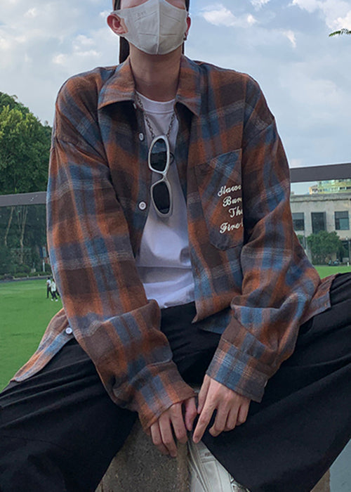 Loose Orange Peter Pan Collar Plaid Cotton Shirt Spring