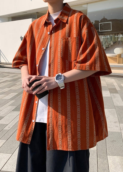 Loose Orange Peter Pan Collar Striped Cotton Shirt Summer