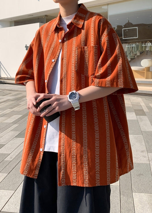Loose Orange Peter Pan Collar Striped Cotton Shirt Summer