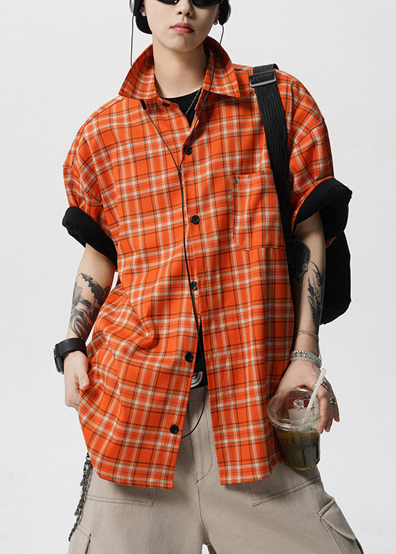Loose Orange Plaid Pockets Cotton Shirt Summer