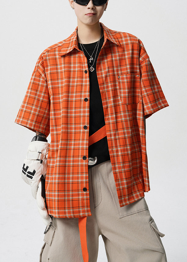 Loose Orange Plaid Pockets Cotton Shirt Summer