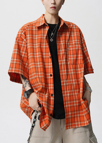 Loose Orange Plaid Pockets Cotton Shirt Summer