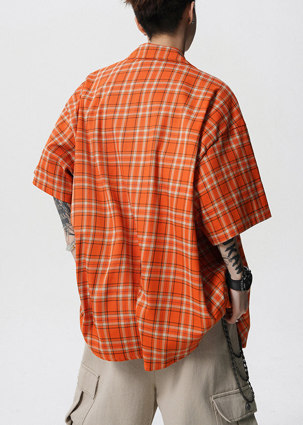 Loose Orange Plaid Pockets Cotton Shirt Summer