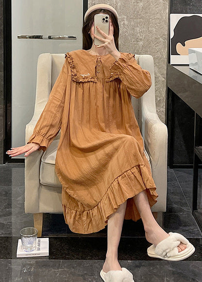 Loose Orange Sailor Collar Patchwork Wrinkled Cotton Maxi Dress Long Sleeve
