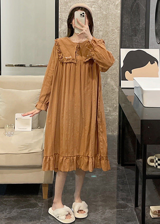 Loose Orange Sailor Collar Patchwork Wrinkled Cotton Maxi Dress Long Sleeve