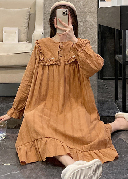 Loose Orange Sailor Collar Patchwork Wrinkled Cotton Maxi Dress Long Sleeve
