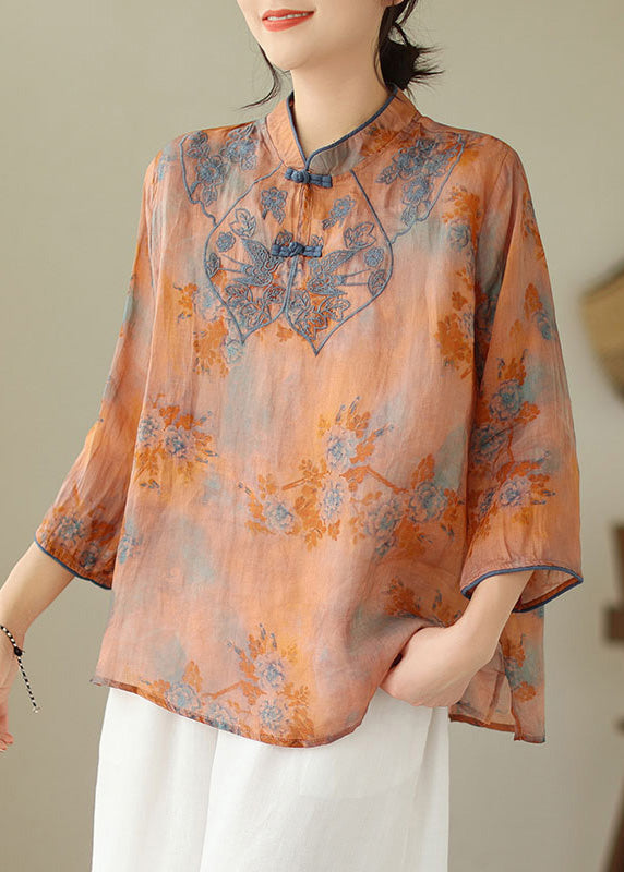 Loose Yellow Flower Stand Collar Embroideried Print Cotton Shirt Bracelet Sleeve