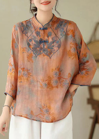 Loose Yellow Chrysanthemum Stand Collar Embroideried Print Cotton Shirt Bracelet Sleeve