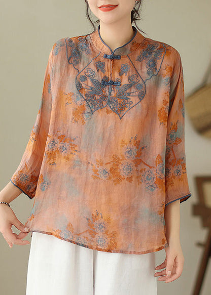 Loose Yellow Chrysanthemum Stand Collar Embroideried Print Cotton Shirt Bracelet Sleeve