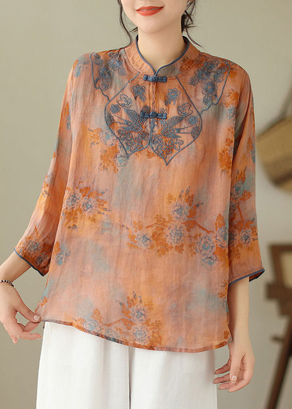 Loose Yellow Chrysanthemum Stand Collar Embroideried Print Cotton Shirt Bracelet Sleeve