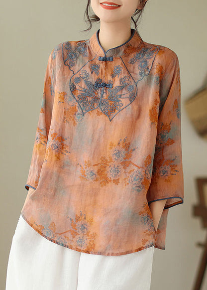 Loose Yellow Chrysanthemum Stand Collar Embroideried Print Cotton Shirt Bracelet Sleeve