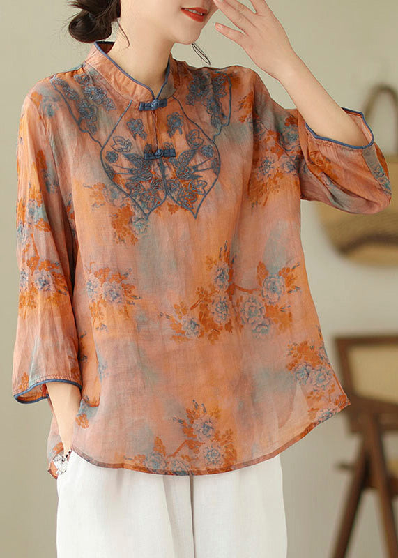 Loose Yellow Flower Stand Collar Embroideried Print Cotton Shirt Bracelet Sleeve