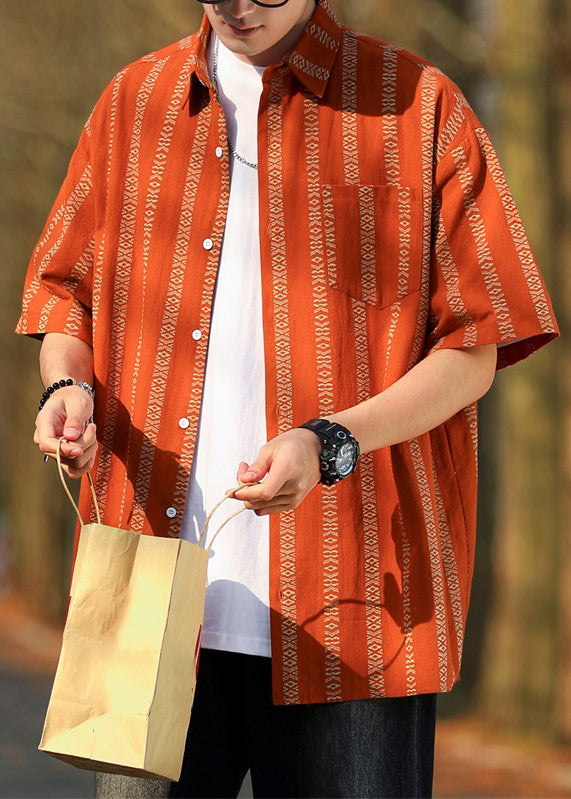 Loose Orange Striped Button Cotton Shirt Half Sleeve