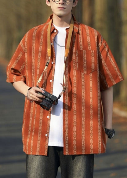Loose Orange Striped Button Cotton Shirt Half Sleeve