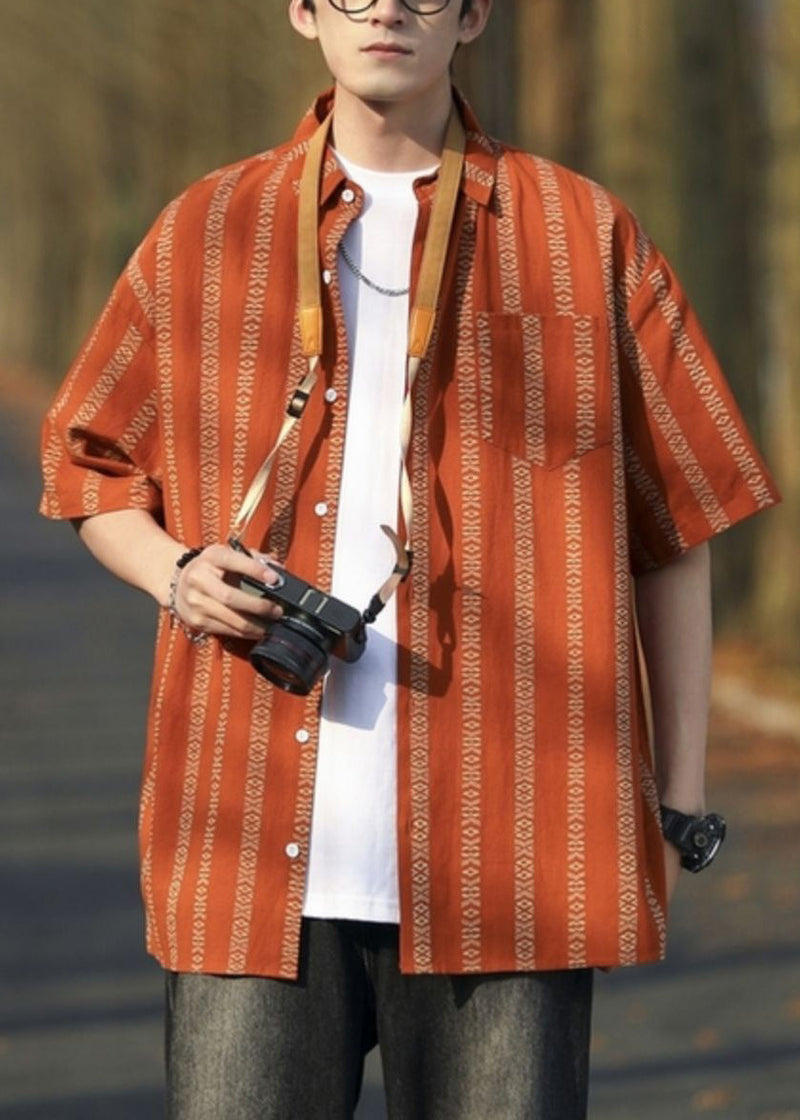 Loose Orange Striped Button Cotton Shirt Half Sleeve