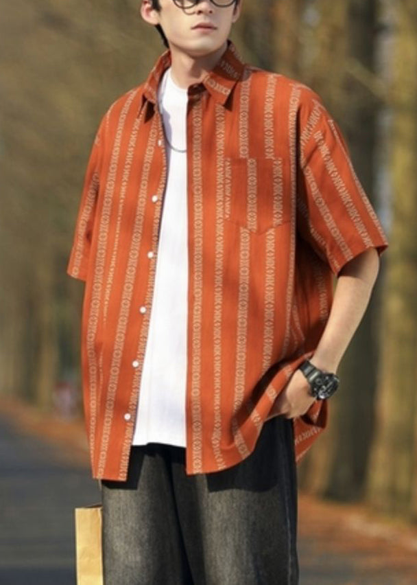 Loose Orange Striped Button Cotton Shirt Half Sleeve