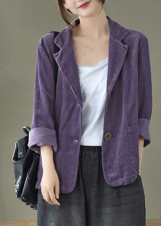 Loose Blue Button Pockets Peter Pan Collar Corduroy Coat Long Sleeve