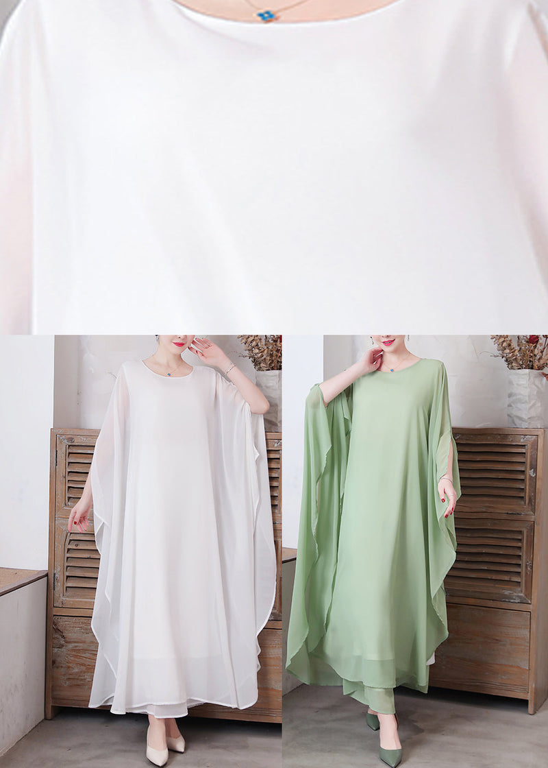 Loose Pea Green O-neck Chiffon Maxi Dresses Spring
