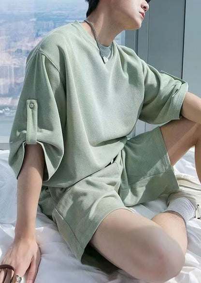 Loose Pea Green Pockets T Shirt and Shorts Cotton Sets 2 Pieces Summer