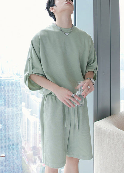 Loose Pea Green Pockets T Shirt and Shorts Cotton Sets 2 Pieces Summer