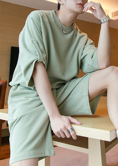 Loose Pea Green Pockets T Shirt and Shorts Cotton Sets 2 Pieces Summer