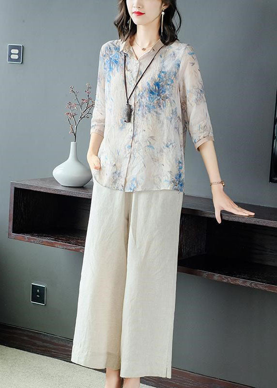 Loose Peter Pan Collar Print Linen Shirt and Wide Leg Pants Two Pieces Set Half Sleeve
