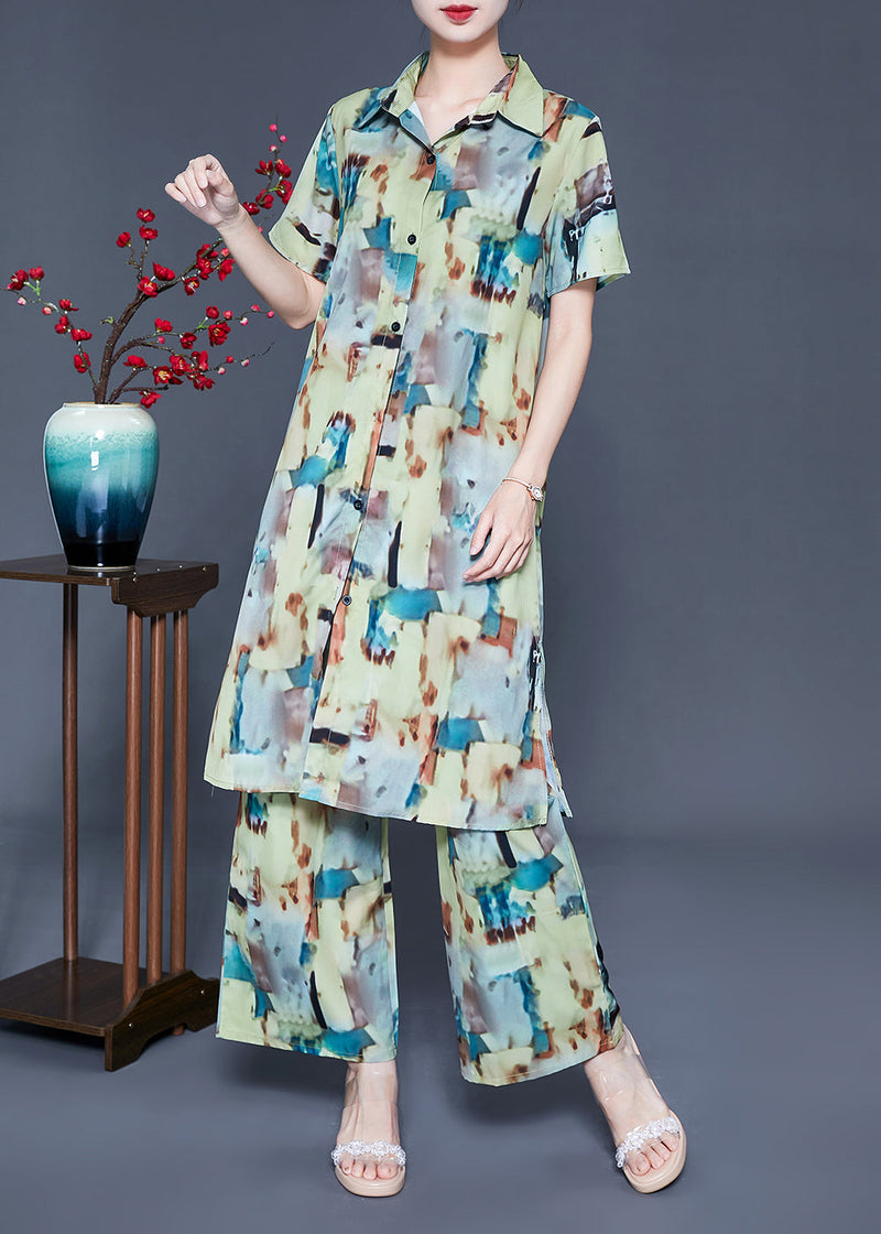 Loose Peter Pan Collar Print Silk Long Shirt and Straight Pants Two Piece Set Summer