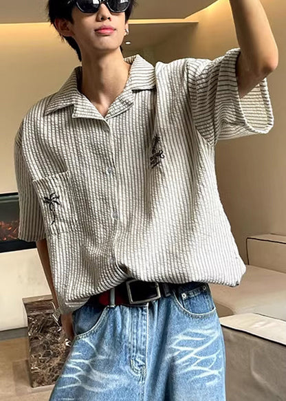 Loose Peter Pan Collar Striped Pockets Cotton Shirts Summer