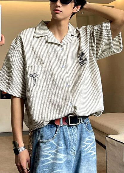 Loose Peter Pan Collar Striped Pockets Cotton Shirts Summer