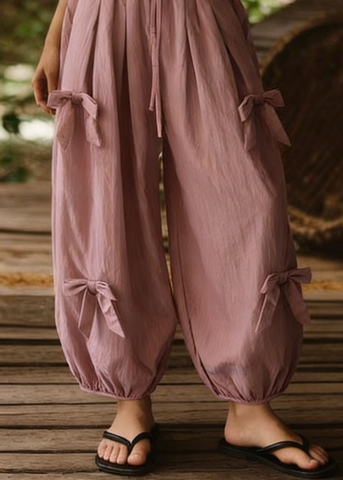 Loose Pink Bow Elastic Waist Cotton Lantern Pants Summer