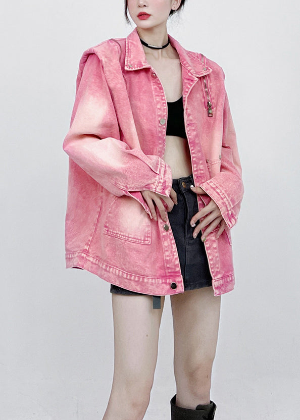 Loose Pink Button Pockets Patchwork Style Denim Coats Fall