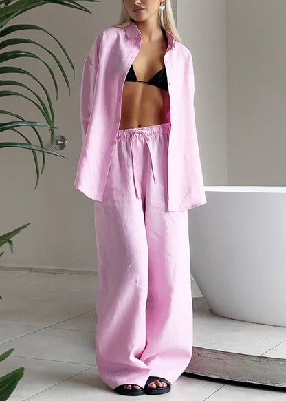 Loose Pink Button Shirts and Pants Cotton Two Pieces Set Fall