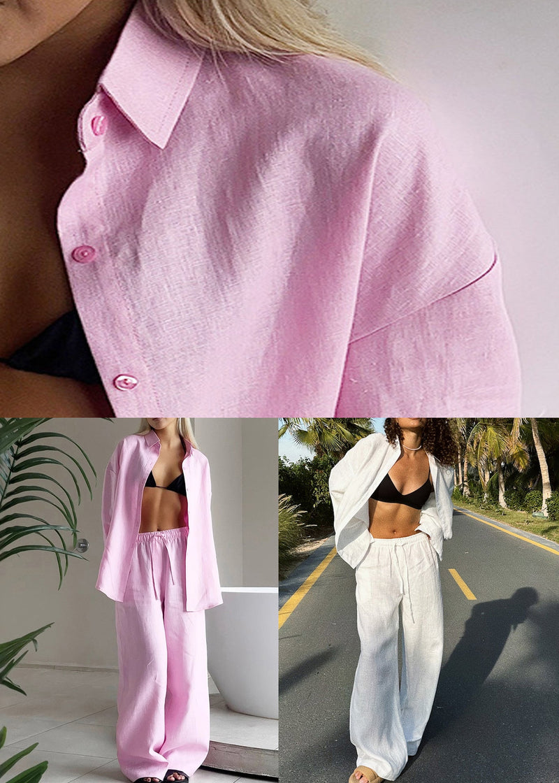 Loose Pink Button Shirts and Pants Cotton Two Pieces Set Fall