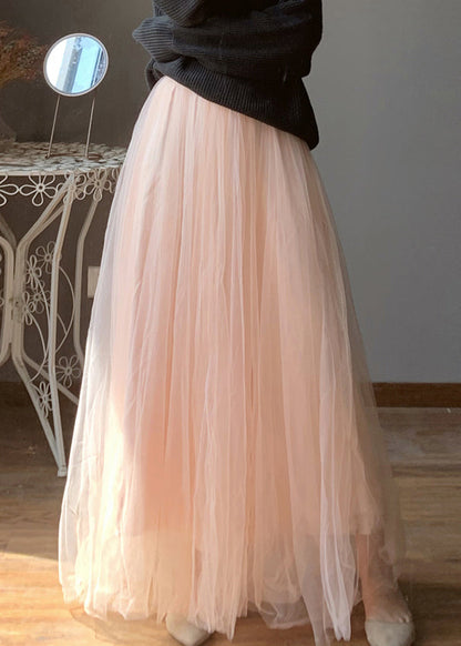 Loose Pink Elastic Waist Tulle Maxi Skirts