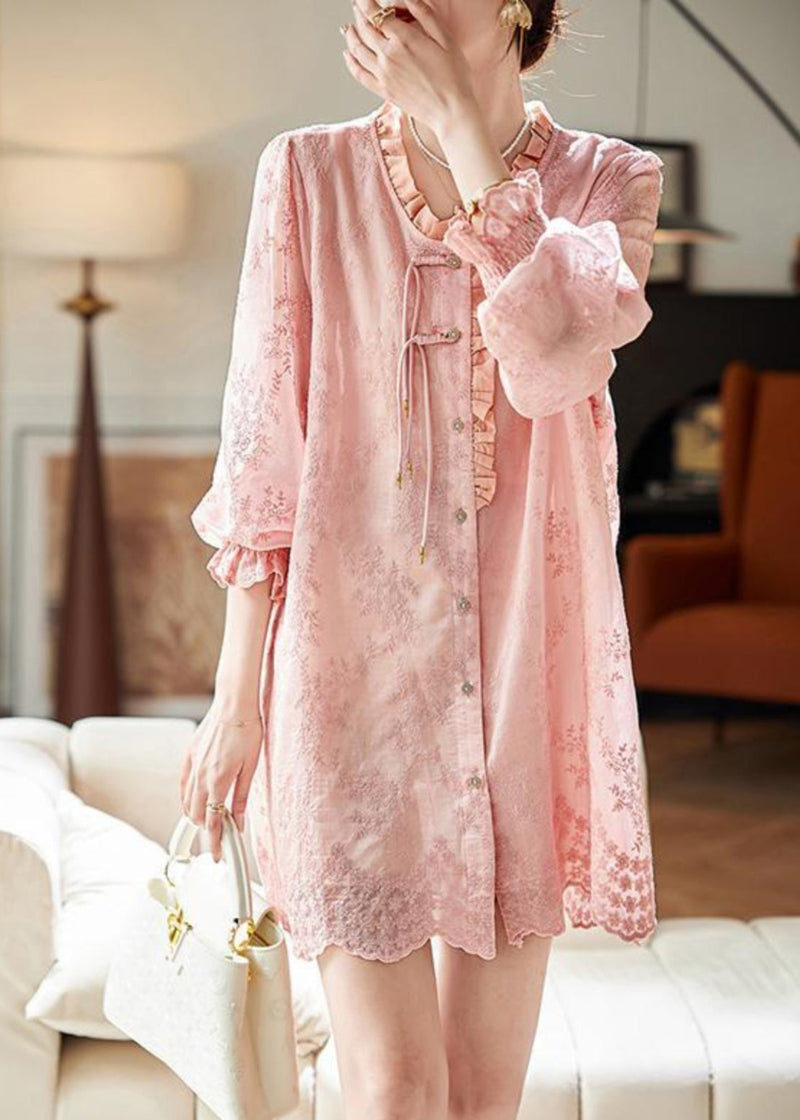 Loose Pink Embroidered Ruffled Button Cotton Shirts Dress Butterfly Sleeve